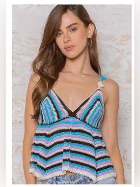 POL Crochet Knit Boho Babydoll Tank Top Medium